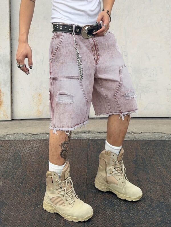 Men's Loose Fit Distressed Denim Shorts with Raw Hem & Flap Pockets - Knee-Length Street Style, No Belt/Accessories Included, Jean Shorts, Casual Outerwear, Patchwork Detailing, Solid Color Design