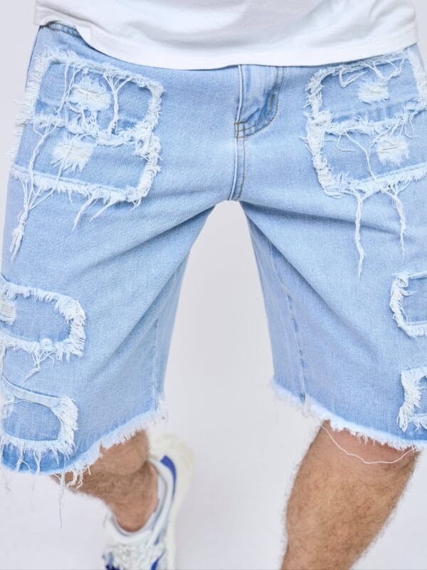 Men's Distressed Blue Jeans - Relaxed Fit Mid-Calf Length with Pre-Faded Knees & Frayed Hems, Machine Washable Casual Streetwear Shorts for Summer