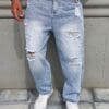 Men'S Casual Distressed Faux Denim Faux Denim - Relaxed Fit Water-Washed Ripped Detailing, Non-Stretch Durable Fabric, All-Season Versatile Style for Casual Attire, Comfortable Fashion, Classic Blue Wash, Quality Craftsmanship
