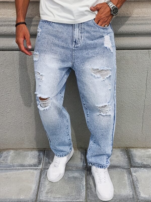 Men'S Casual Distressed Faux Denim Faux Denim - Relaxed Fit Water-Washed Ripped Detailing, Non-Stretch Durable Fabric, All-Season Versatile Style for Casual Attire, Comfortable Fashion, Classic Blue Wash, Quality Craftsmanship