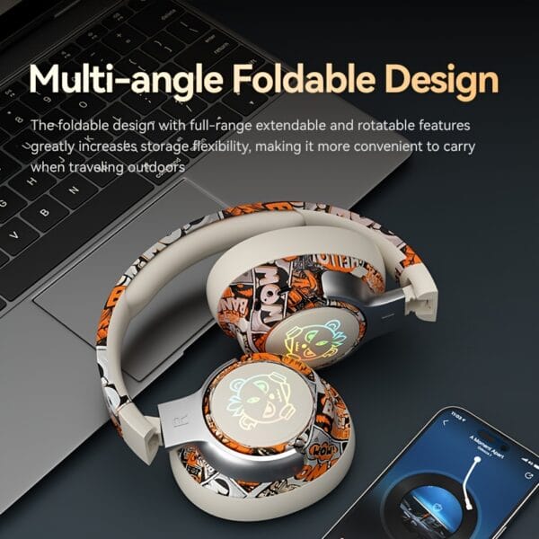 15-Hour Battery Life, Wireless Over-Ear Headphones with Lithium Battery - Low-Power Operation, Ideal for Gaming & Music, Outdoor Use, Push Button Control, Volume Control, No Charging Case, Gaming Headphones|Graffiti Design Headphones|Pushbutton Control Headphones