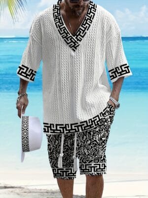 product-fancy-ce080c91-e180-4b19-9e95-80cf09e353e0 Men's casual vacation style set, white diamond patterned V-neck mid sleeved top paired with black and white geometric printed shorts