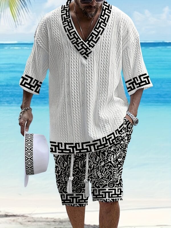 Men's casual vacation style set, white diamond patterned V-neck mid sleeved top paired with black and white geometric printed shorts