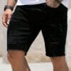 product-fancy-ce1091f2-5420-4477-adbc-bada22be2bc1 Men's Slim-Fit Knee-Length Denim Shorts with Frayed Hem and Distressed Detailing - Black, Mid-Stretch, Machine Washable, Summer Casual Style, Comfortable Wear, Durable Fabric