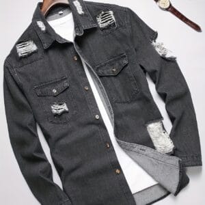 Men'S Casual Denim Shirt - Solid Color, Distressed Ripped Look, Button-Up Front Placket, Loose Fit Long Sleeve with Drop Shoulder Design, Perfect for Weekend Casual, Casual Wear Shirt | Casual Style | Denim Construction