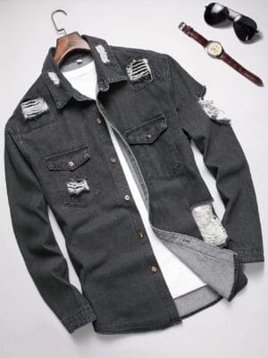 product-fancy-ce5cb88c-7fa6-4ce2-b7b5-e4b2ebd66418 Men'S Casual Denim Shirt - Solid Color, Distressed Ripped Look, Button-Up Front Placket, Loose Fit Long Sleeve with Drop Shoulder Design, Perfect for Weekend Casual, Casual Wear Shirt | Casual Style | Denim Construction