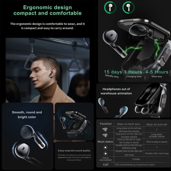 EFFEOKKI 5.11cm Large Screen Music Smartwatch with Wireless Calls, Earbuds Integration, 5.08cm Display, Battery, Silicone Strap & Wireless 5.3 - Black, Smart Watch for Android Phones, Smart Watch for Android, Sleek Watch Design, Durable Watch Band