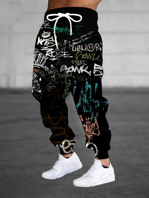 product-fancy-cf9cfac6-7f98-43c7-bdff-3a3b8a10d87b Men's 3D Graffiti Print Casual Polyester Sweatpants with Drawstring and Pockets | Slight Stretch Knit Fabric | All Over Print Regular Fit Joggers