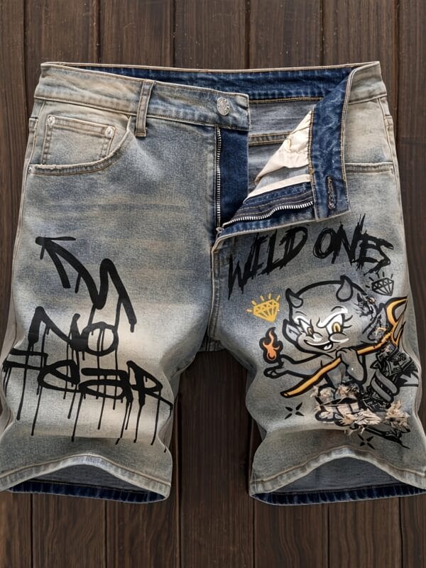 product-fancy-d00ea56e-b195-4a21-aa6a-c5f42e3cfd8f Men'S Vintage-Inspired Distressed Denim Shorts with "Wild One" Graphic Print - Casual Regular Fit, Pockets, and Drawstring Waist for Casual Attire, Jean Shorts