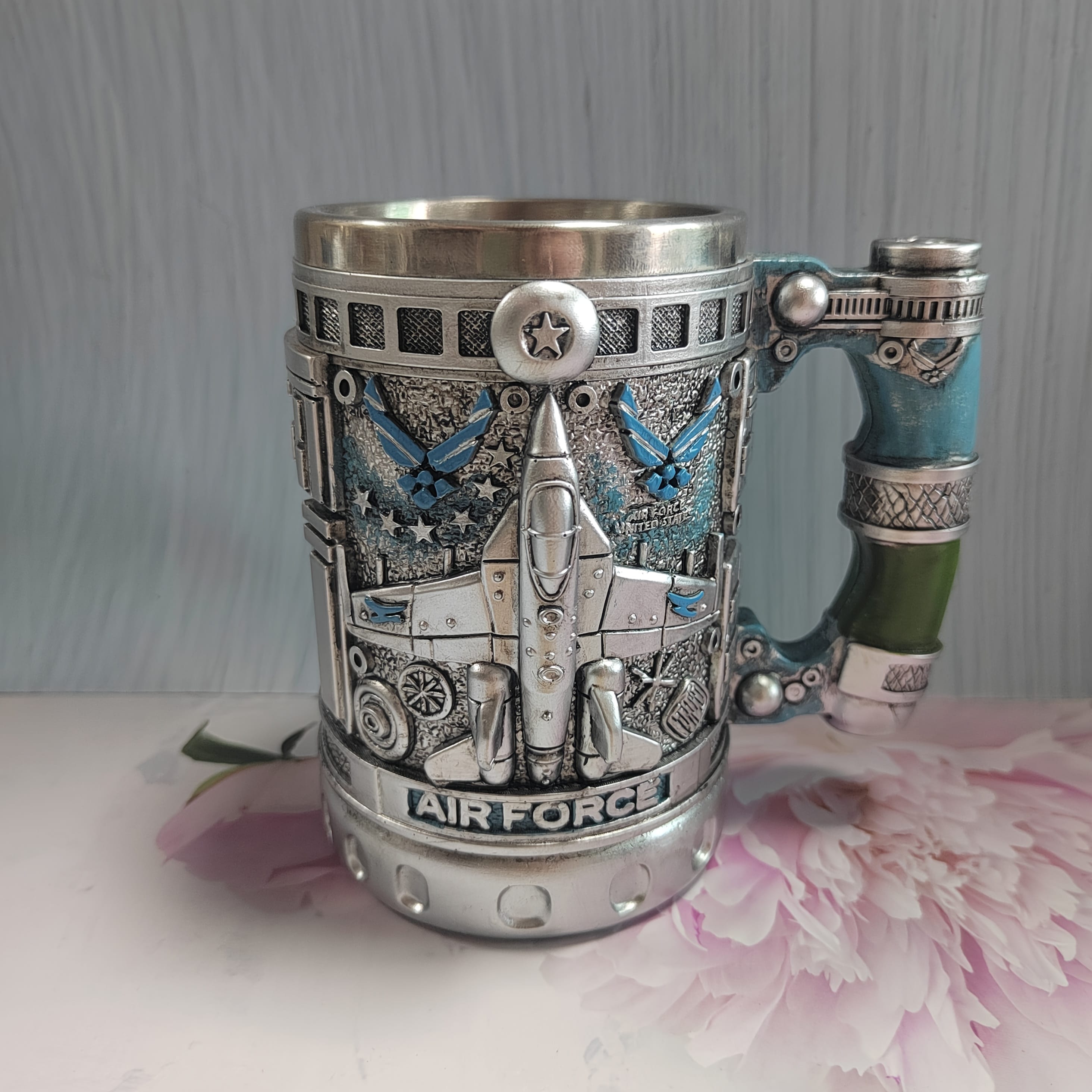 Stainless Steel Military-Themed Beer Mug with Air Force Insignia & Aircraft Design - 304 Stainless Steel, Hand Wash Only, Reusable Coffee Cup for Adults, Holiday Gifts (Halloween, Christmas, Thanksgiving)