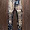 Men's Slim-Fit Vintage Motorcycle Jeans - Straight-Leg Heavy-Duty Blue/Beige Tie-Dye Pants, All-Season Machine Washable Streetwear for Casual & Formal Outfits, Everyday Fashion, Distressed Denim Design, Reinforced Stitching