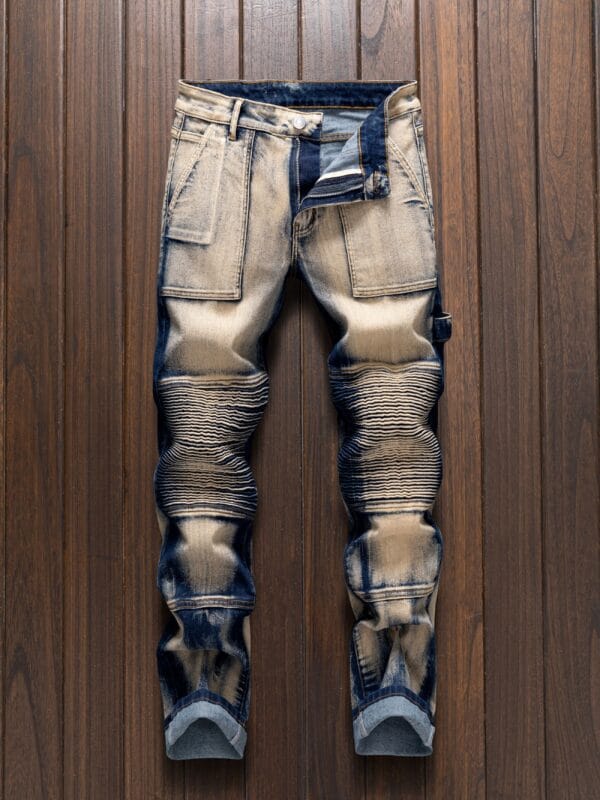 Men's Slim-Fit Vintage Motorcycle Jeans - Straight-Leg Heavy-Duty Blue/Beige Tie-Dye Pants, All-Season Machine Washable Streetwear for Casual & Formal Outfits, Everyday Fashion, Distressed Denim Design, Reinforced Stitching