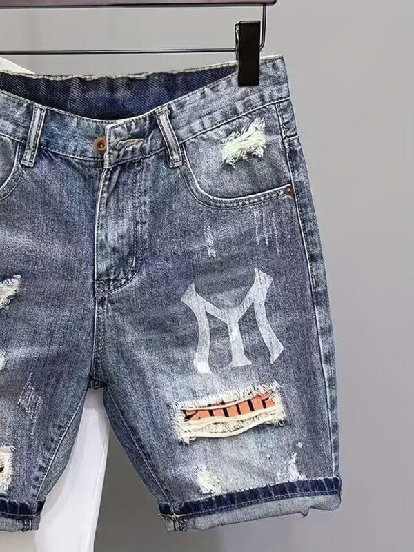 Men'S Casual Blue Denim Bermuda Shorts - Distressed, Geometric Pattern, Non-Stretch Fabric, Short Length, Regular Fit, Casual Summer Attire, Casual Summer Wear|Distressed Denim Shorts|Short Length Shorts