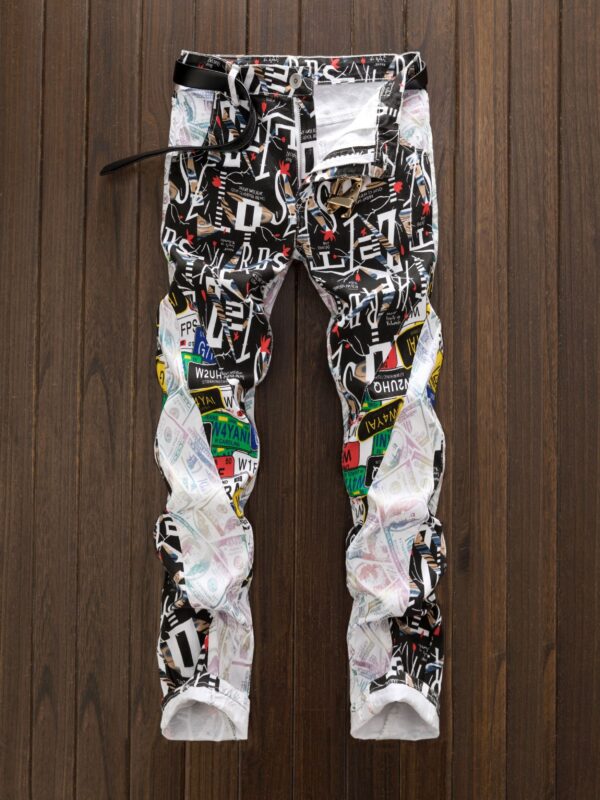 Men's Punk Style Slim-Fit Jeans - Vibrant Pop Art Print, Mid-Rise Casual Denim with Zipper Closure, Cotton Blend