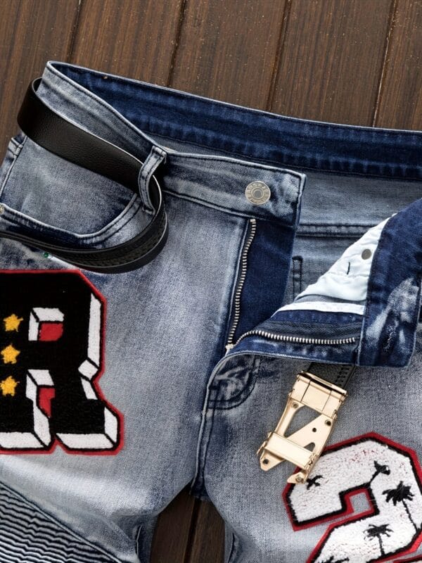 Men's Vintage Streetwear Jeans - Distressed denim with R, Belt Loop Pocket - Skinny Fit (Machine Washable) - Urban Casual Shorts for Concerts, Parties, Casual Attire - Non-See-Through Fabric, Concert Attire, Patchwork Design, Durable Stitching, Fashionforward Men