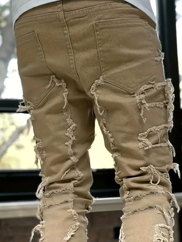 product-fancy-d244a5eb-f189-4be6-bb2d-bbe9a117676e Men's Solid Loose Fit Stacked Frayed Jeans, Chic Street Design Stylish Male Bottoms For All Seasons