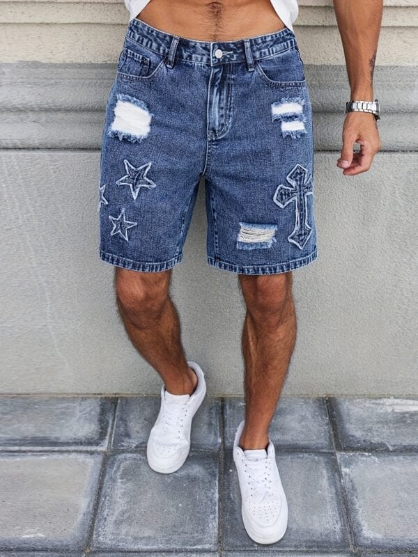 product-fancy-d285e1aa-928a-47ed-b534-43c7c2db1258 Men'S Streetwear Denim Mid-Length Shorts - Washed Blue with Distressed Rips, Star & Anchor Embroidery, Loose Fit, Casual Summer Denim Shorts for Casual Attire, Everyday Denim Shorts | Streetwear Fashion | Detailed Embroidery, Denim Shorts