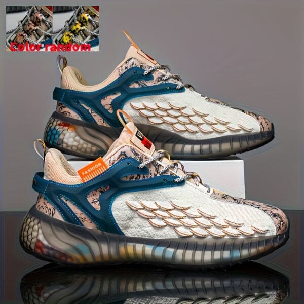 Men's Casual Athletic Sneakers - Breathable Fabric, Durable Rubber Sole, Lace-Up Low Tops with Fish Scale Design & Colorful Patterns for Everyday & Outdoor Wear