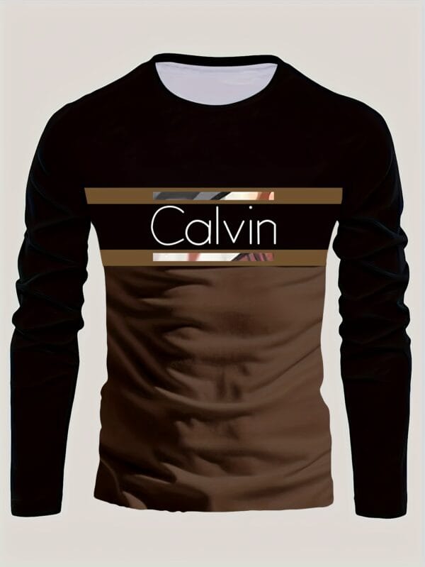 product-fancy-d50c1325-2aea-4c9f-8ba1-dabfd2f768f9 Men'S Long Sleeve T-Shirt - Black to Brown Ombre with CALVIN Lettering, Stretch Comfort Fit for Everyday & Formal Wear, Spring/Fall Essential - CALVIN Apparel, Spring Fall Top, Modern Casual Tee, Smooth Texture Shirt