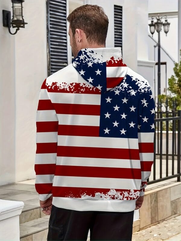 [Everyday Pullover] Men's Patriotic 3D American Flag Print Hoodie - Casual Polyester Pullover with Kangaroo Pocket, Machine Washable, Comfort Fit