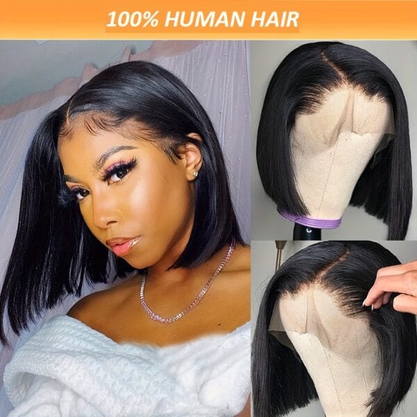 A 13X4 Lace Front Human Hair Wig Featuring a Short Straight Bob Style, Complete with Baby Hair And Pre-Plucked HD Lace. This Brazilian Remy Human Hair Wig for Women Has a Density of 150%.