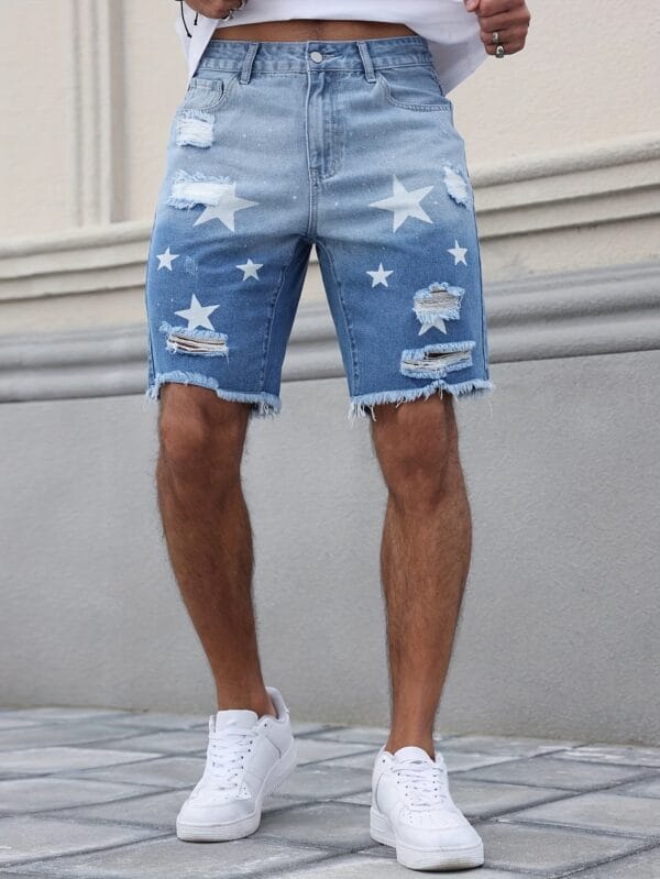 product-fancy-d5de9cc9-4bb3-48c1-9fab-a60971046974 Men'S Streetwear Summer Denim Shorts - Vibrant Star & Frayed Hem Print, Elastic Waistband with Pockets, Light Blue Washed Jean Style Casual Shorts for Casual Attire, Casual Attire Shorts | Vibrant Print Shorts | Nonstretch Fabric