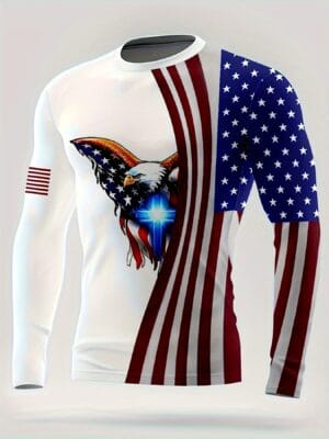 Men's Round Neck Long Sleeve T-shirt, Casual Comfortable Patriotic American Flag Eagle Print Long Sleeve Top For Spring And Autumn