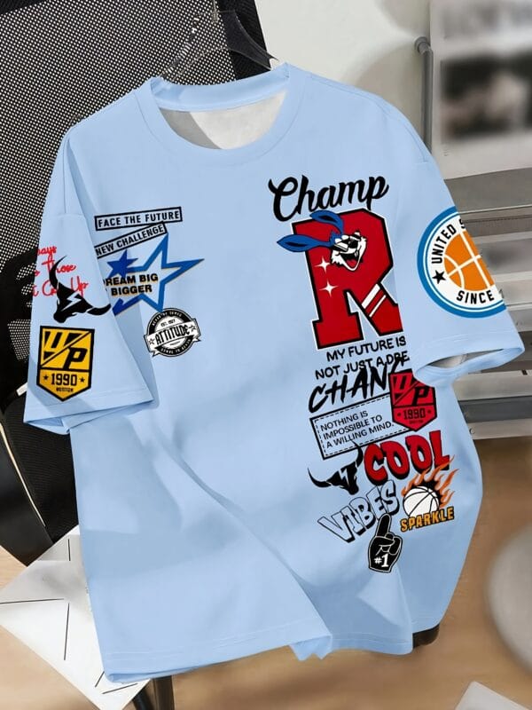 Men'S Fashion Graphic Print T-Shirt - "R" Letter Design with Basketball, Stars And Slogan, Casual Crew Neck, Short Sleeves, Summer Style, Polyester Blend, Everyday T-Shirt | Fashionable Casual Style | Machine Washable 1. Youth Casual Crew Neck T-Shirt, 100% Polyester Knit Fabric, Geometric Pattern, Loose Fit, Summer Graffiti Design Top, White, Sport