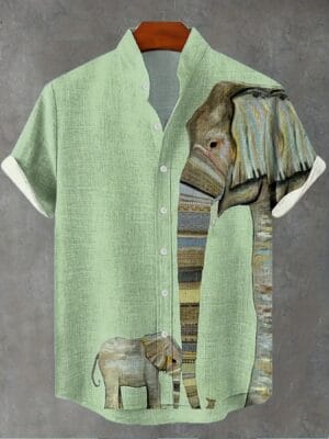 Men's Vintage Elephant Family Shirt - Mint Green & Beige Tropical Button-Up, Lightweight Non-Stretch Fabric for Jungle Wedding, Safari Vacation - Machine Washable Stand Collar Casual Shirt, Elephant Gifts, Summer Outfit, Nonstretch Material