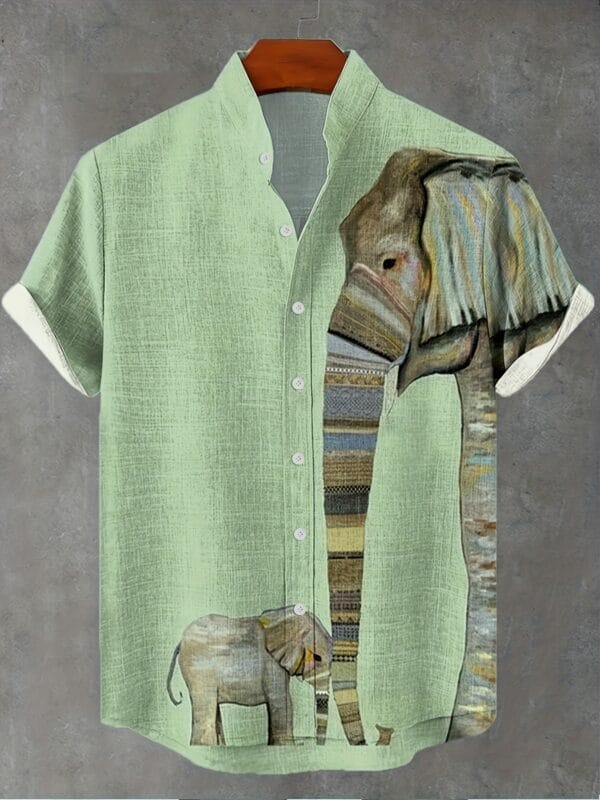 Men's Vintage Elephant Family Shirt - Mint Green & Beige Tropical Button-Up, Lightweight Non-Stretch Fabric for Jungle Wedding, Safari Vacation - Machine Washable Stand Collar Casual Shirt, Elephant Gifts, Summer Outfit, Nonstretch Material