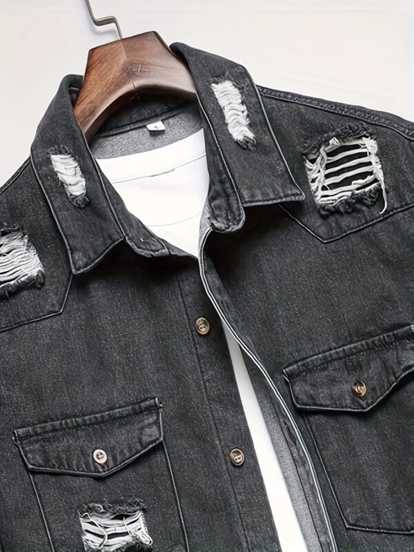 Men'S Casual Denim Shirt - Solid Color, Distressed Ripped Look, Button-Up Front Placket, Loose Fit Long Sleeve with Drop Shoulder Design, Perfect for Weekend Casual, Casual Wear Shirt | Casual Style | Denim Construction