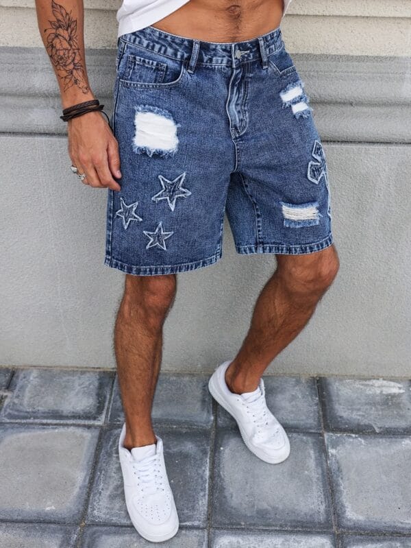 product-fancy-d7f86d31-1b4e-42ba-b0e8-c9b2db478a88 Men'S Streetwear Denim Mid-Length Shorts - Washed Blue with Distressed Rips, Star & Anchor Embroidery, Loose Fit, Casual Summer Denim Shorts for Casual Attire, Everyday Denim Shorts | Streetwear Fashion | Detailed Embroidery, Denim Shorts