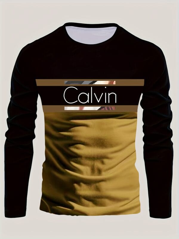 product-fancy-d8f2cba5-fea2-49a5-9577-4a0fc5629bc8 Men'S Long Sleeve T-Shirt - Black to Brown Ombre with CALVIN Lettering, Stretch Comfort Fit for Everyday & Formal Wear, Spring/Fall Essential - CALVIN Apparel, Spring Fall Top, Modern Casual Tee, Smooth Texture Shirt