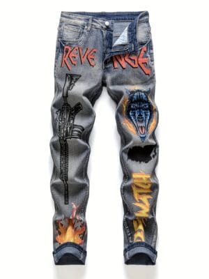 product-fancy-d91269a3-c268-4a43-ba7e-4c44213f4920 Men's Y2K Extreme Graphic Jeans - TikTok Viral Wolf & Flame Pants with REVENGE Text, Distressed Denim Hip Hop Goth Punk Style, Straight Leg Streetwear for Concerts & Nightlife (All-Season Fit), Urban Fashion, Edgy Design, Durable Fabric, Statement Piece, Alternative Fashion