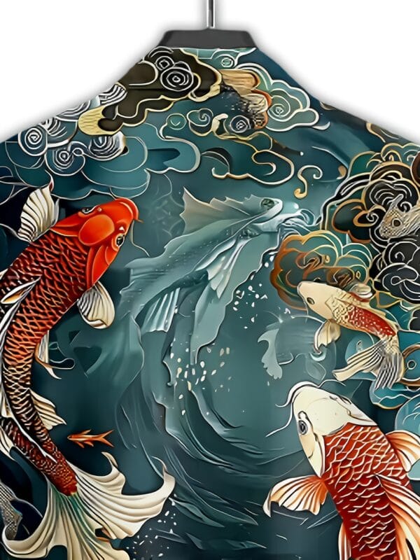 Men'S Casual Short Sleeve Button-Up Shirt with 3D Koi Fish Print – Symbol of Good Luck, Prosperity, and Courage – Perfect for Daily Wear, Summer Collection, Casual Attire|Traditional Collared Shirt|Printed Koi Design