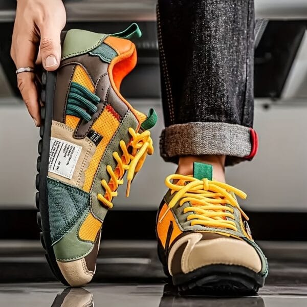 KOONEXY Men'S Stylish Low-Top Sneakers - Vibrant Teal, Yellow & Orange Color Block Design, Breathable Fabric & Faux Upper, Durable PVC Sole, Lace-Up Casual Shoes for All-Season Comfort, Casual Footwear | Colorblock Sneakers | Comfortable Fit