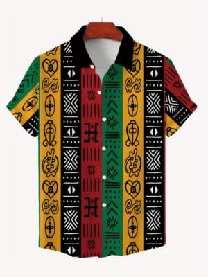 product-fancy-d9d402a0-560c-41f8-90ad-4b44e61cd2ab Men'S Bohemian Print Short Sleeve Shirt - Vibrant 3D Digital Print with Geometric & Floral Patterns, Black Collar & Button Details, Casual Style for Casual Attire, Bohemian Style Shirt