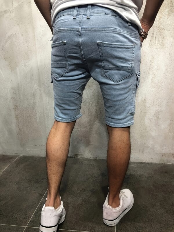 Men'S Light Blue Distressed Faux Denim Shorts - Classic Five-Pocket Design, Stretch Faux Denim for Everyday & Formal Outfits - Casual Streetwear Essentials, Faux Denim Shorts, Relaxed Fit, Ripped Detailing, Comfortable Wear, Street Style, Vintage Aesthetic, Durable Fabric, Young Adults