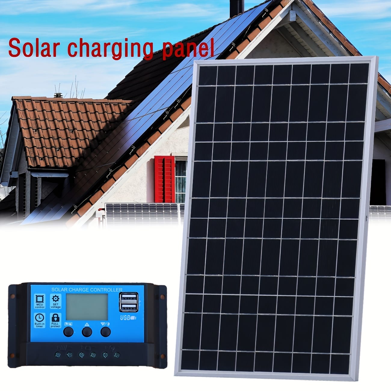 Portable Solar Panel Kit with 100A Controller, DC 12V-18V-24V, USB 5V Charger - Suitable for RVs, Boats, Camping, Hiking, Phones, Watches, Pet Beds - Solar Power Supply