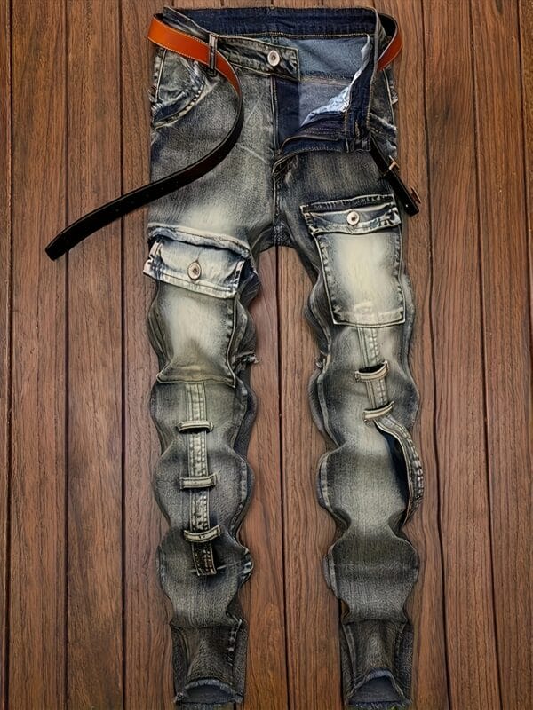 Men'S Skinny Faux Denim - Stretch Slim Fit Streetwear Pants, All-Season Skinny Leg Faux Denim for Urban Fashion, Casual & Formal Outfits - Non-See-Through Fabric, Street Style, Distressed Details, Quality Stitching, Stylish Trousers, Young Adults, Formal Attire, Modern Streetwear, Durable Stitching, Versatile Trousers, Young Men