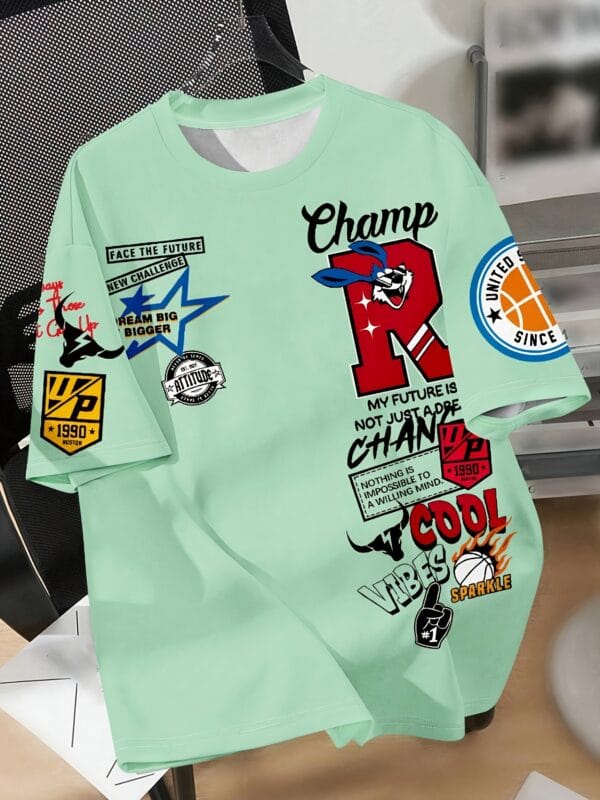 Men'S Fashion Graphic Print T-Shirt - "R" Letter Design with Basketball, Stars And Slogan, Casual Crew Neck, Short Sleeves, Summer Style, Polyester Blend, Everyday T-Shirt | Fashionable Casual Style | Machine Washable 1. Youth Casual Crew Neck T-Shirt, 100% Polyester Knit Fabric, Geometric Pattern, Loose Fit, Summer Graffiti Design Top, White, Sport