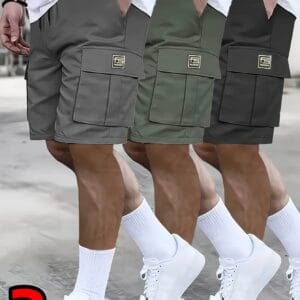 3pcs Men'S Heavyweight Streetwear Summer Shorts with Multiple Pockets - Olive Green, Dark Blue, Black, Asymmetrical Hem, Non-Stretch Fabric for Beach, Outdoor & Casual Wear, Beach Shorts, Streetwear Fashion, Sporty Look, Durable Construction, Urban Style