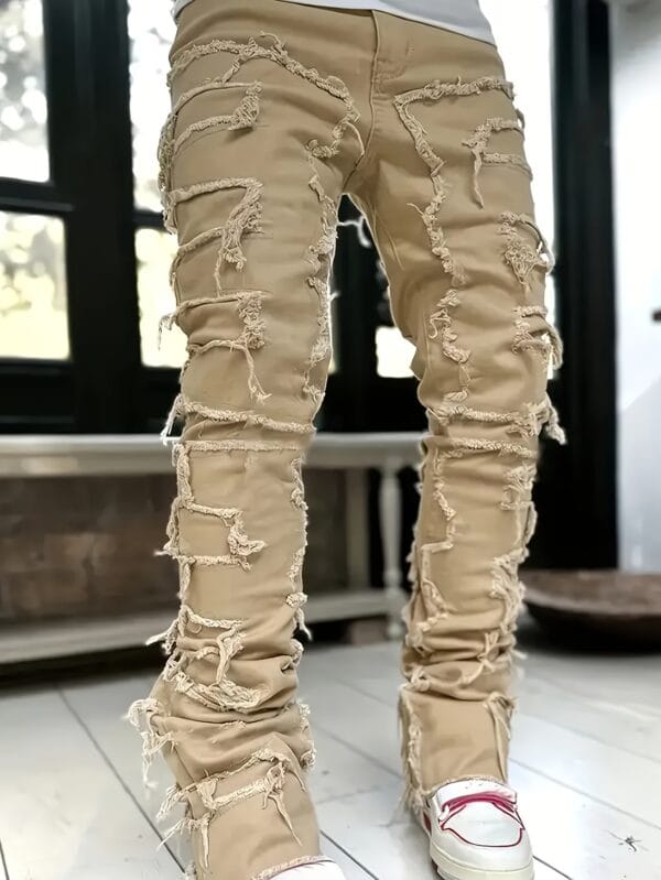 product-fancy-db57c776-6361-49e3-81a9-2ef3b653c32b Men's Solid Loose Fit Stacked Frayed Jeans, Chic Street Design Stylish Male Bottoms For All Seasons