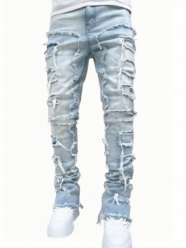 product-fancy-dccbb2e2-1ad1-465b-81f6-314f626bf1ae Men'S Slim-Fit Stretch Faux Denim Faux Denim with Embroidered Rips - Casual Light Blue Washed Faux Denim, Medium Stretch, Regular Length, All-Season Comfort Fit, Comfortable Clothing | Embroidered Faux Denim | Medium Stretch Fabric