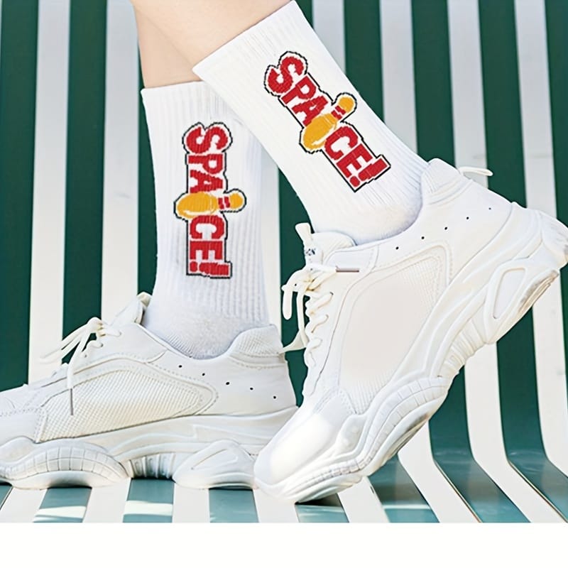 5 Pairs Men'S Elastic Ribbed Cuff Socks - Bold Letter Graphic Print, All-Season Comfort, Multi-Color Options for Casual & Formal Wear, Hand Wash Only, Versatile Sock Styles, Trendy Sock Designs, Comfortable Sock Material, Everyday Essentials, Modern Sock Design, Breathable Fabric, Unisex Socks, Fashion Enthusiasts