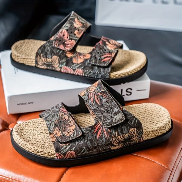 Men's Slip-On Sandals - Tropical Floral beach shoes with Quick-Dry PU Upper & Cushioned EVA Insole - Non-Slip PVC Sole for Pool, Vacation, Casual Outdoors - Slip Resistant Footwear Brown/Green/Red/Blue/Black/Orange/White/ - Lightweight Summer Footwear for Men, Poolside Footwear, Stylish Slipons, Durable Trivet Sole, Vacation Slides, Trendy Slides, Breathable Slides, Outdoor Enthusiasts