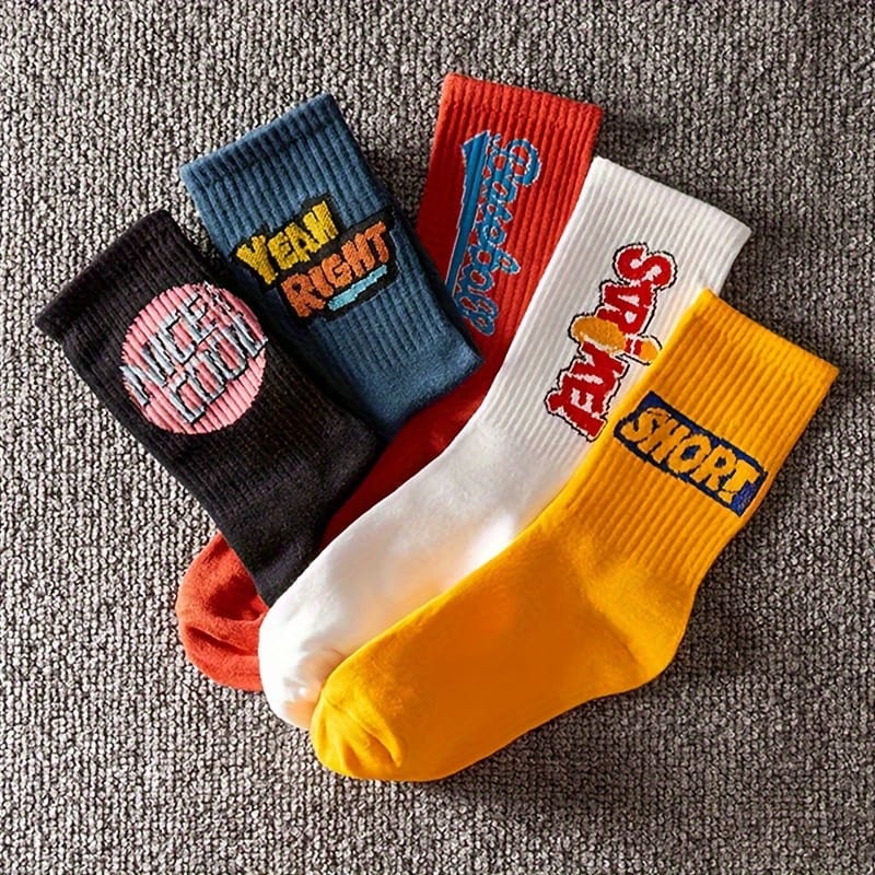 5 Pairs Men'S Elastic Ribbed Cuff Socks - Bold Letter Graphic Print, All-Season Comfort, Multi-Color Options for Casual & Formal Wear, Hand Wash Only, Versatile Sock Styles, Trendy Sock Designs, Comfortable Sock Material, Everyday Essentials, Modern Sock Design, Breathable Fabric, Unisex Socks, Fashion Enthusiasts