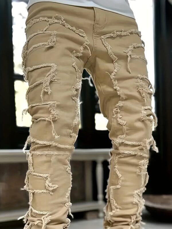 product-fancy-de766140-c6a8-491b-ad90-c62829a38245 Men's Solid Loose Fit Stacked Frayed Jeans, Chic Street Design Stylish Male Bottoms For All Seasons