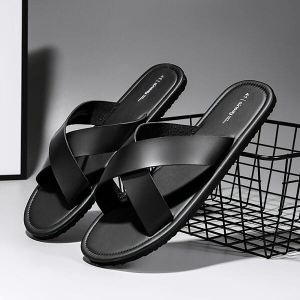 Men's 2025 All-Season Retro Cross-Strap Slide Sandals - Lightweight Non-Slip Durable PVC & EVA Cushioned Casual Indoor/Outdoor Slippers with Cross-Strap Design, Black, Everyday Footwear | Minimalist Shoe Design | Antislip Sole, Indoor Slippers