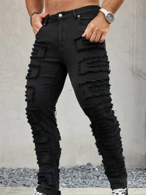 Men'S Skinny Faux Denim - Non-Stretch Slim Fit Pants with Pocket, All-Season Everyday & Formal Wear, Classic Black for Casual Formal Outfits - Adult Men'S Faux Denim, Versatile Clothing, Modern Faux Denim, Quality Stitching, Stylish Trousers, Urban Style, Formal Trousers, Durable Faux Denim, Young Adults